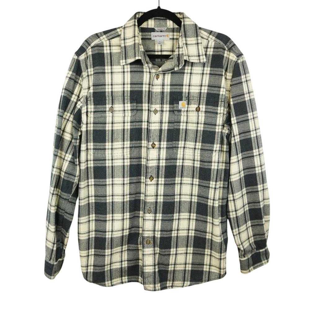 Carhartt Original Fit Black‎ and Cream Plaid Button Up Heavy Shirt Size Medium